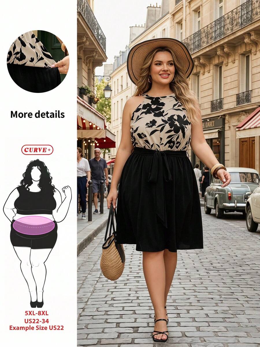 SHEIN CURVE+ 大码波西米亚风休闲度假风印花拼接黑色收腰A字连衣裙，夏季款