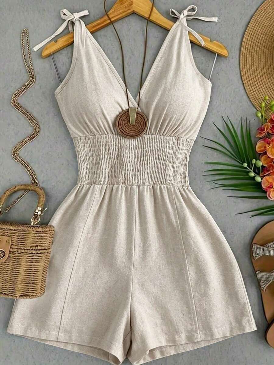 SHEIN Franclia Women's Solid Color Pleated Shirred Casual Daily Wear Romper - Apricot - View 1