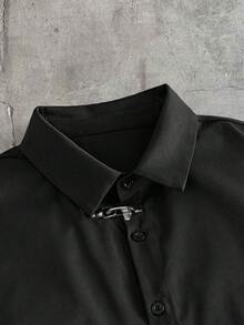 AXEPEAK 男士素色金屬飛機扣長袖休閒襯衫 - 黑色 - 查看 4