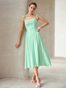 MOTF PREMIUM VESTIDO DE MUJER ELEGANTE PARA DESPLAZAMIENTO CON TIRANTES DE ENCAJE DE COLOR CONTRASTANTE EN LINO - Verde - Ver 1