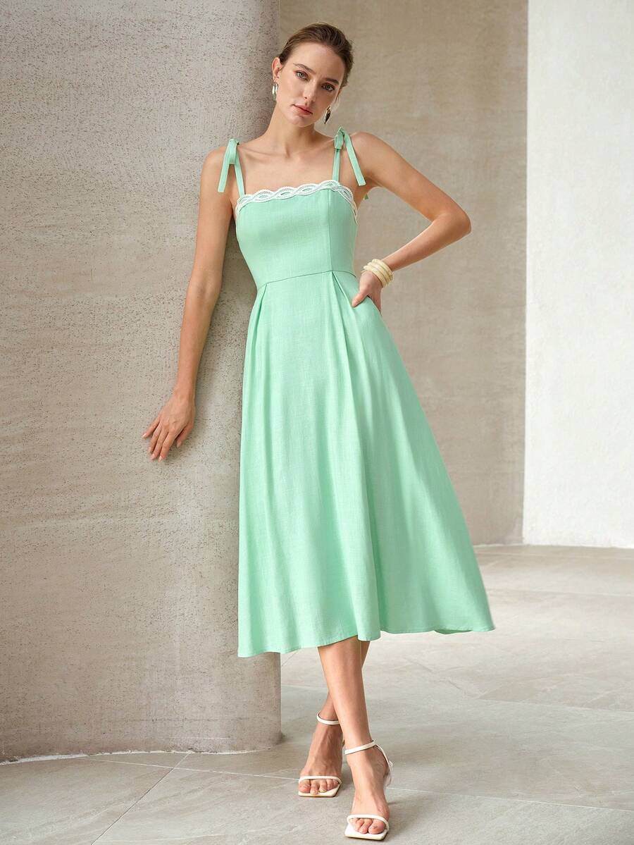 MOTF PREMIUM VESTIDO DE MUJER ELEGANTE PARA DESPLAZAMIENTO CON TIRANTES DE ENCAJE DE COLOR CONTRASTANTE EN LINO - Verde - Ver 1