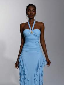 Elitara Elegant, Simple, Minimalist, And Stylish, Light Blue Stretch Mesh Fabric With Handcrafted Metal Embellishments, Ruffled Hem, Halter Neck, Pleats, Sexy Open Back, And A Small A-Line Train. Suitable For All Weddings, Formal Occasions, Dates, Parties, Birthday Parties, And Bridesmaid Dresses. - Baby Blue - View 3