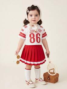 Souflis Souflis 2pcs/Set Baby Girl Infant Toddler 0-3 Years Fashion V-Neck Pink Short Sleeve Jersey Top And Pleated Skirt Outfit Set - Multicolor - View 3