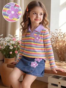 Back To School Season Girls Toddler Casual 2pcs Set Spring/Autumn Rainbow Striped Shirt Collar Long Sleeve T-Shirt, Soft Ribbed Knit Top Denim Skort - Multicolor - View 4
