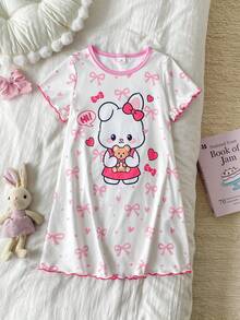 1件夏季女童幼童短袖套頭洋裝，趣味卡通兔子與愛心圖案設計，深受小女孩喜愛，舒適柔軟親膚面料製成，適合兒童居家穿著 - 淺粉色 - 查看 7