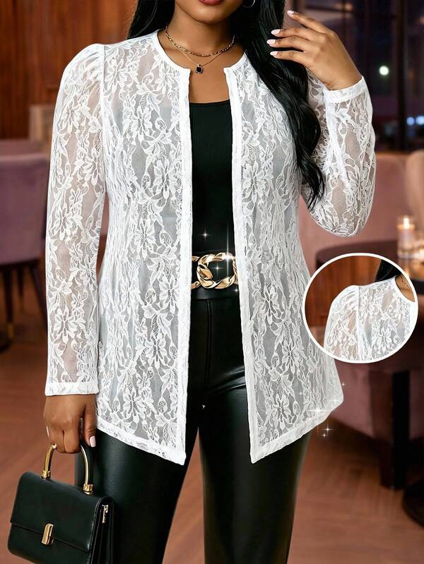 SHEIN Lady Áo khoác dài tay ren hoa dáng rộng thanh lịch dành cho nữ cỡ lớn