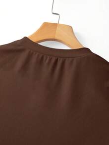 SHEIN 深棕色網格拼接短袖連身衣女款，性感圓領修身內搭層，春夏新款，優雅百搭性感內層上衣，適合性感穿搭、內層造型、約會/音樂節及日常疊穿 - 棕色 - 查看 3
