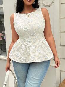 Easura Plus Size Boat Neck Cinched Waist Sleeveless Jacquard Blouse - Apricot - View 4