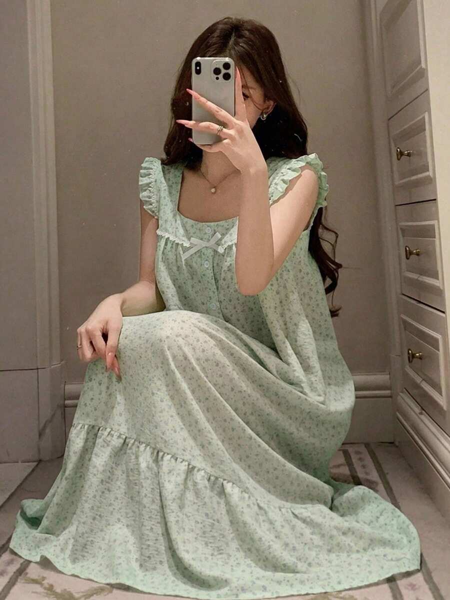 DAZY 甜美碎花蕾絲拼接無袖方領寬鬆長洋裝 夏季女款居家休閒睡裙 - 綠色 - 查看 1