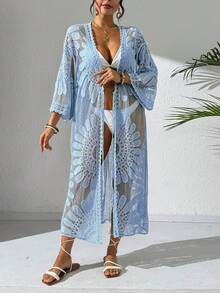 Swim Vcay 女款度假刺繡網紗前綁帶和服式罩衫 - 霧霾藍 - 查看 4