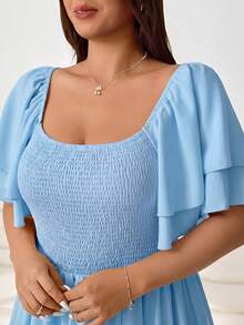 Solflare Plus Size Women's Elegant Vacation Style Solid Color Square Neck Layered Flutter Sleeve Shirred Bodice Flare Hem Dress - Baby Blue - View 5