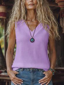 Zayélia Women's Solid Color V-Neck Casual Versatile Tank Top - Purple - View 3