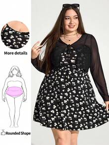 Enliva Jennifer_samantha_style Women's Plus Size Summer Floral Print Dress With Sheer Cardigan, 2pcs Set, For Apple Rounded Body Shape - Black - View 1
