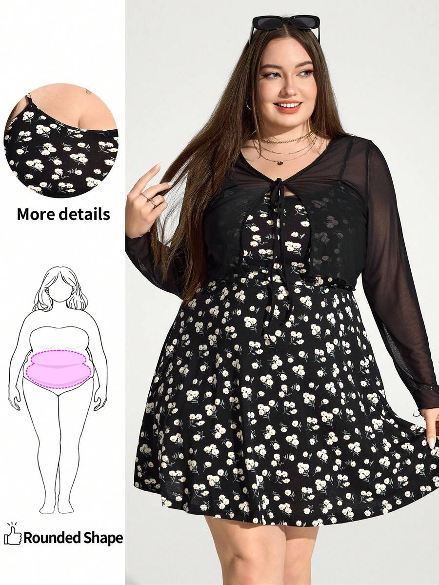 Enliva Jennifer_samantha_style Women's Plus Size Summer Floral Print Dress With Sheer Cardigan, 2pcs Set, For Apple Rounded Body Shape - Black - View 1