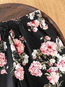 GlowEve CURVE Women's Plus Size Floral Drawstring Waist Wide Leg Long Pants - Black - View 5