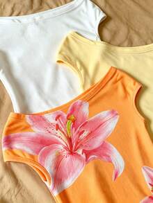 Sparklyn 3pcs/Set Girls' Vacation Fitted Off-Shoulder Multi-Color T-Shirts - Multicolor - View 4