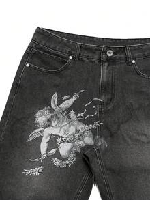 Manfinity EMRG Pantalones cortos de mezclilla con estampado de ángel estilo gótico y submarino para hombres de ropa urbana - Negro - Ver 6