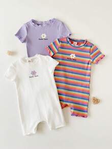 Cozy Pixies Conjunto 3 Peças Macacão Infantil Menina Estampa Floral Listrada Tricô Macio Gola Redonda Manga Curta - Malva - Visão 3