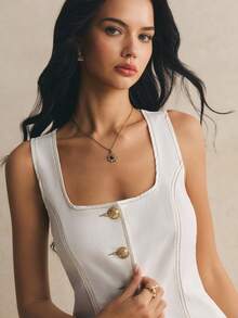 Blusa de mezclilla informal sin mangas de cuello cuadrado y abotonadura sencilla para mujer - Blanco - Ver 3