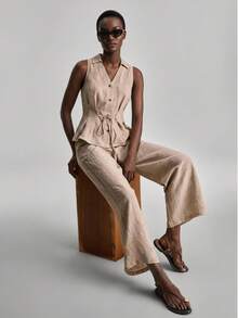 Ontre Women's Summer Casual Front Button Sleeveless Shirt And Pants 2 Pieces Set - Khaki - View 2