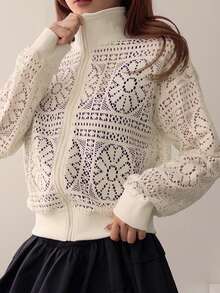 Livesso Chaqueta regular holgada con cremallera y calados para mujer, estilo vacacional - Blanco - Ver 6