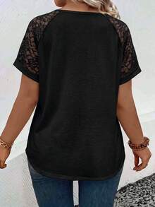 EMERY ROSE Women's Spring/Summer New Hot-Selling Lace Patchwork Design Casual Versatile Plus Size T-Shirt - Black - View 2