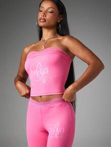 BABYPHAT Strapless Bandeau Crop Top With Lace Trim Detail And Logo Print For Summer Nights Out - Pink - View 4