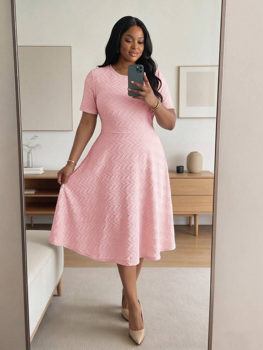 SHEIN Lady Plus Size Women's Textured Fashion Elegant Round Neck Short Sleeve Dress Evening Pink Summer - Pink - View 1