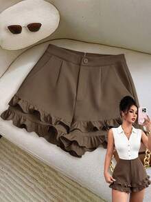 Franclia Espresso 's Flare Shorts,Summer Elegant Brunch Holiday Vacation Chic 3D Ruffle Trim,Waist Cinched Fitted Real Pockets Zipper Button,Casual - Coffee Brown - View 1