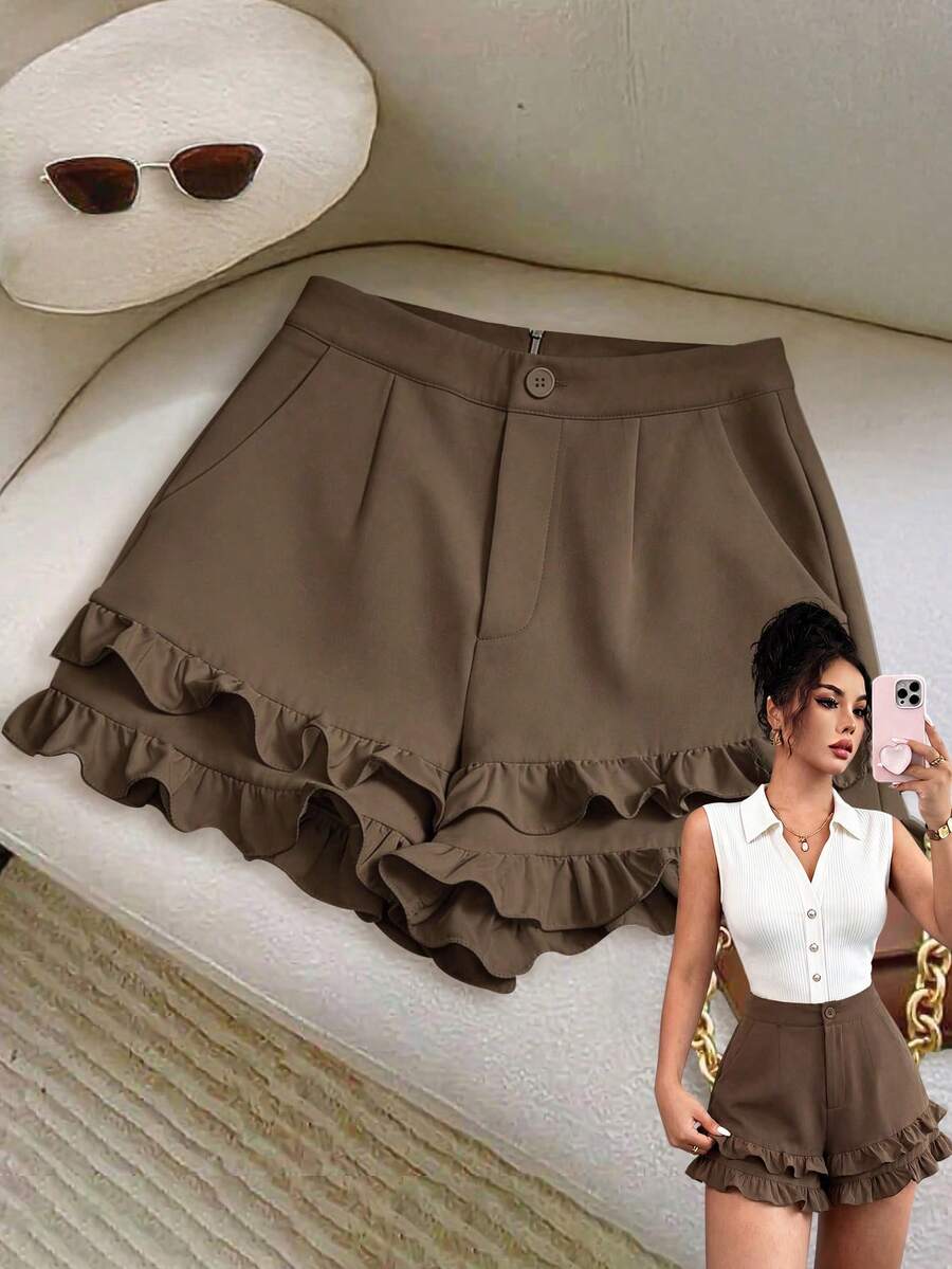 Franclia Espresso 's Flare Shorts,Summer Elegant Brunch Holiday Vacation Chic 3D Ruffle Trim,Waist Cinched Fitted Real Pockets Zipper Button,Casual - Coffee Brown - View 1