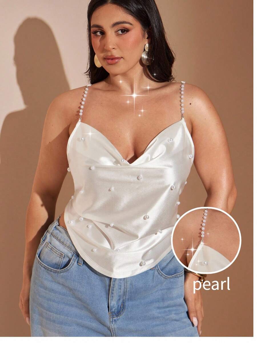SHEIN BAE CURVE 大码女式白色串珠珍珠垂褶领吊带衫 - 白色 - 查看 1