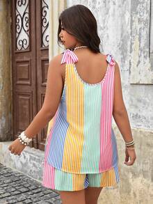 EMERY ROSE Plus Size Women Striped Single-Breasted Vest Shirt And Shorts Casual 2 Pieces Set - Multicolor - View 2