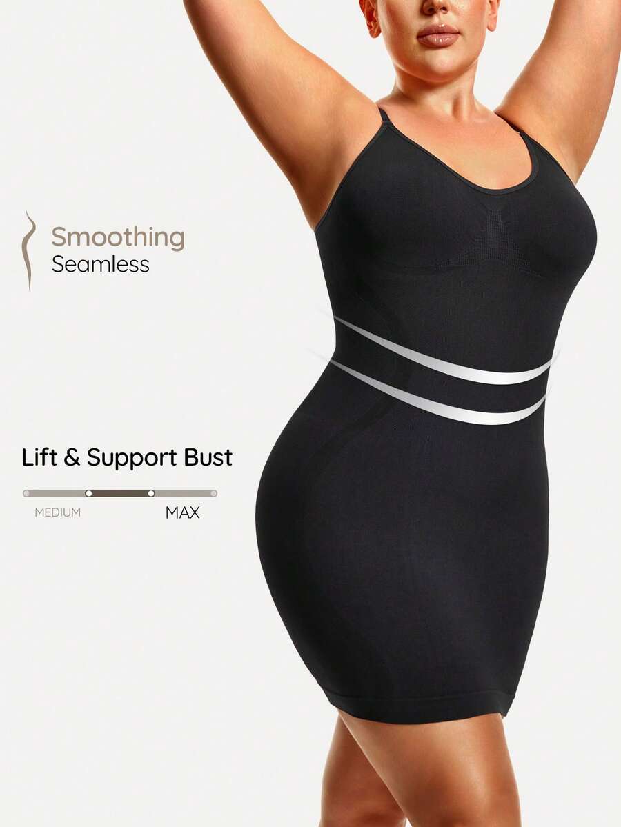 SHAPORA Plus Size Solid Color Seamless Camisole Mini Shaping Slip Dress - Black - View 1