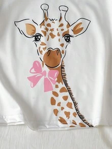 青少年女孩趣味長頸鹿與動物紋理印花睡衣套裝，2件式短袖上衣與短褲 - 彩色 - 查看 8