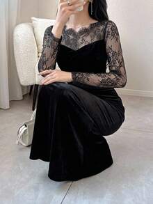 DAZY Women's Lace Patchwork Mermaid Midi Dress, Autumn Long Sleeve Dress - Black - View 10