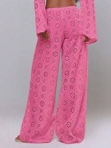 MUSERA Tie Front Broiderie Anglaise Wide Leg Trousers Cover Up Beach Vacation Swim Summer Holiday Festival Cute Casual Elegant Pink Floral Birthday Party - Hot Pink - View 2