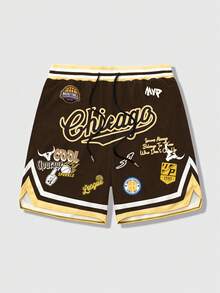 ROMWE MEN Prep Pantalones cortos de hombre con estampado de letras, rayas y bloques de color con cordón - Multicolor - Ver 1