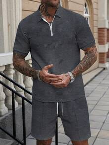 EGENSIO Men's Knitted Jacquard Solid Color Textured Collar & Cuff Ribbed Zipper Polo Set - Dark Grey - View 6