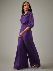 NYA SZN Conjunto a juego con top con cremallera y pantalón de pierna ancha a rayas - Morado - Ver 7