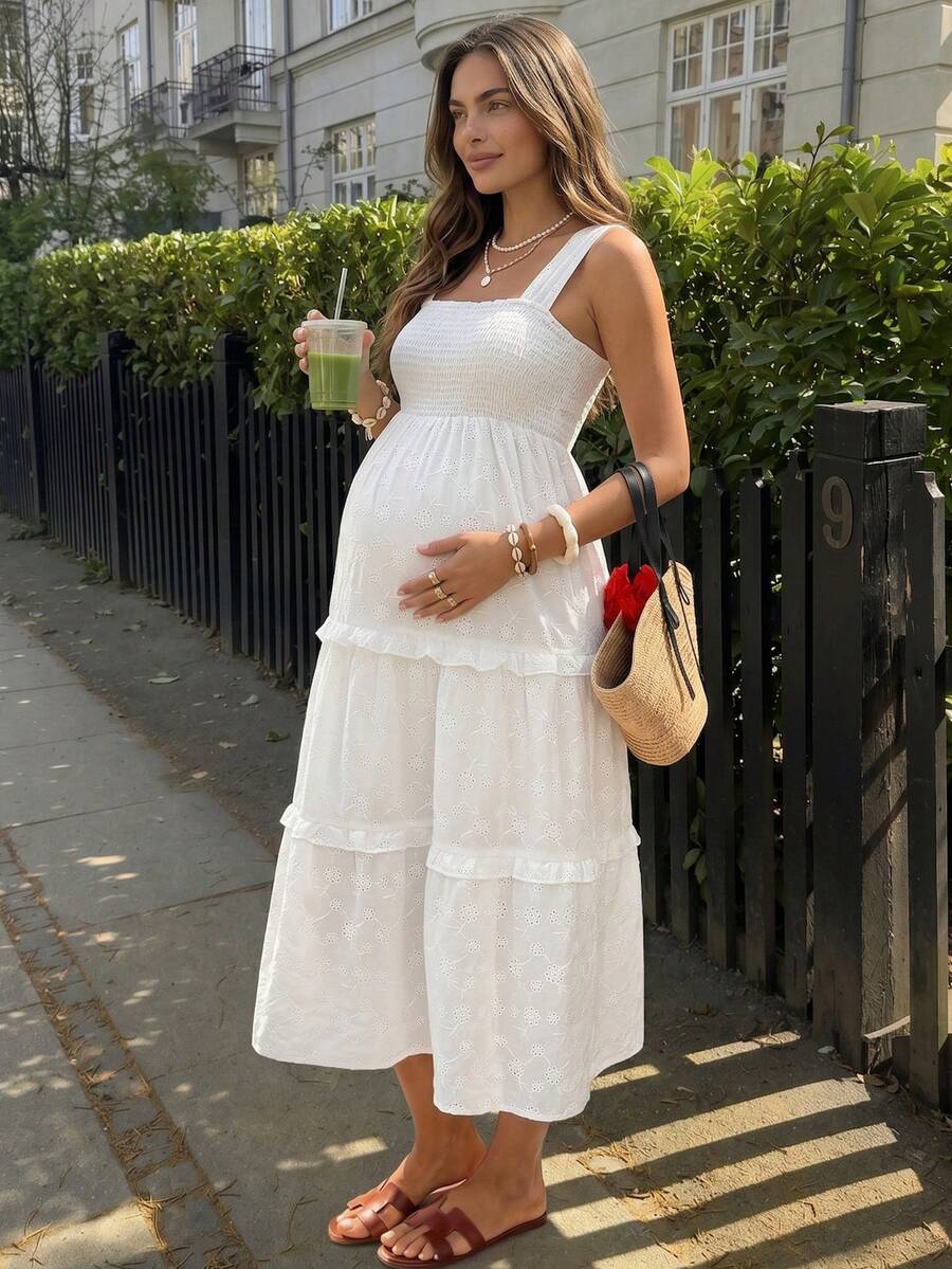 SHEIN Pregnant Women Solid Color Square Neck Lace Decor Shirred Sleeveless Minimalist Dress - White - View 1
