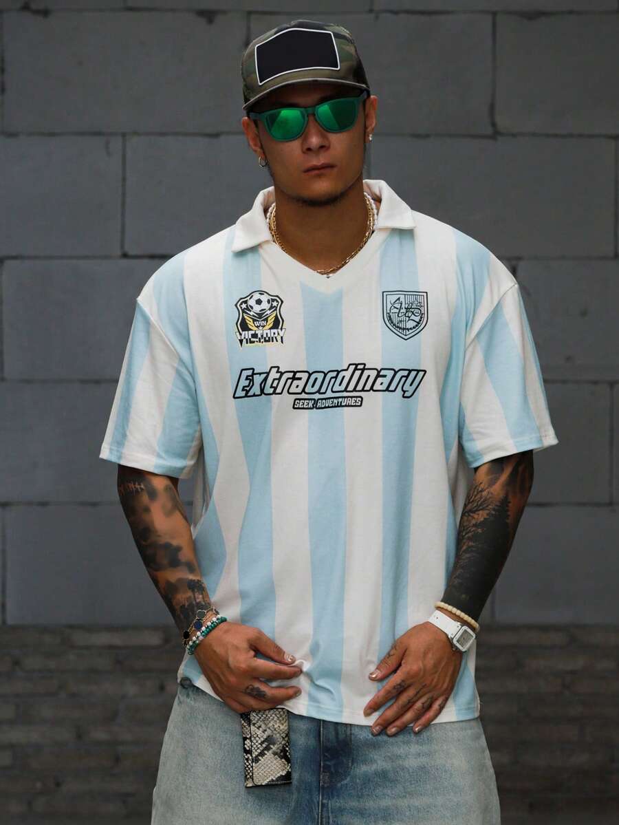 DAZY 男士藍白配色V領長版寬鬆字母印花運動風圖案T恤 - 彩色 - 查看 1