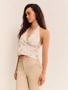 lacRébo White Embroidered Halter Wrap Top With Open Back, Side Tie Closure And Deep V Neckline Summer Holiday Vintage Cute Casual Top - White - View 1