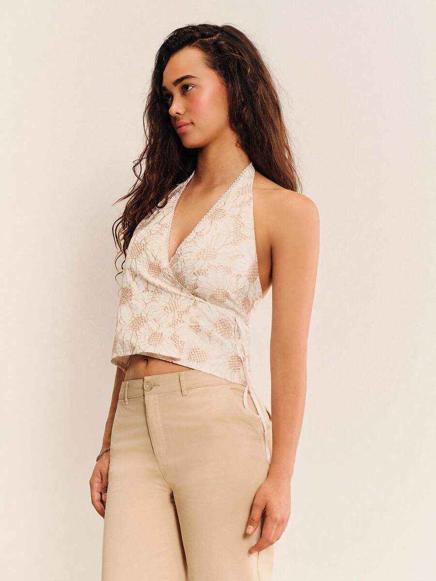 lacRébo White Embroidered Halter Wrap Top With Open Back, Side Tie Closure And Deep V Neckline Summer Holiday Vintage Cute Casual Top - White - View 1