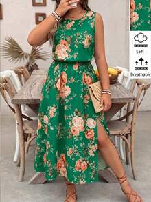 SHEIN LUNE Fresh Sweet Summer Lady Floral Print Elegant Fashion Sleeveless Plus Size Dress - Dark Green - View 1