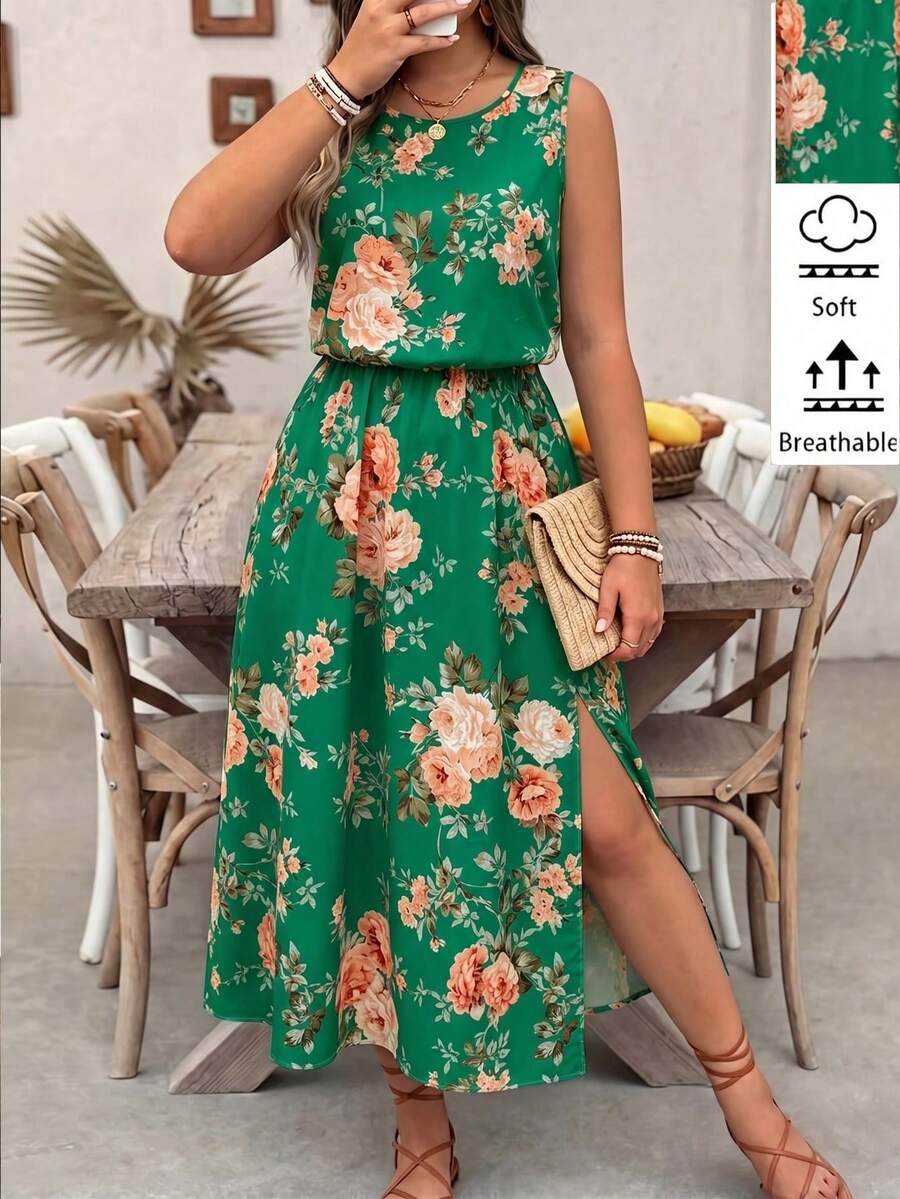 SHEIN LUNE Fresh Sweet Summer Lady Floral Print Elegant Fashion Sleeveless Plus Size Dress - Dark Green - View 1