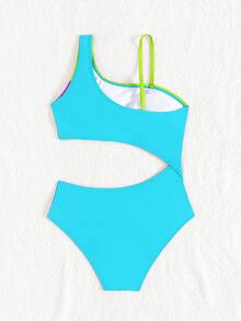 SHEIN Tween Girl Color-Block Asymmetric Neckline One-Piece Swimsuit, Hollowed-Out Waist Design Purple Beach Outfit Summer Holiday - Multicolor - View 2