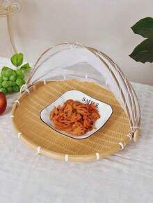 1pc Handwoven Food Service Tent Basket Tray, Fruit Outdoor Cover Insect Bamboo Woven Storage Basket Picnic Scoop Tool - Wood Color - View 2