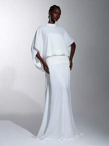 Elitara Elegant Women's Minimalist White Halter Neck Stand Collar Backless Floor-Length Mermaid Formal Evening Gown For Wedding Party - White - View 3