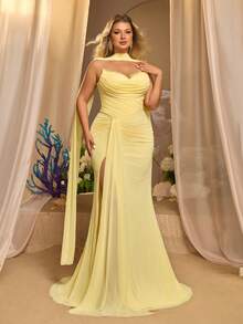 Glamrae Plus Size Elegant Glamorous Luxurious Sequin Lace Embroidery Patchwork Stretch Knit Mesh Off-Shoulder Sleeve Oversized Flare Wedding Event Formal - Yellow - View 7