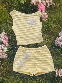 SHEIN Tween Girl Casual Vacation Cream Dopamine Color Asymmetric Textured Striped Starfish Decor Cropped Off-Shoulder T-Shirt & Shorts 2-Piece Set, Spring/Summer Outfit, Beachwear, Commute, Elegant, Beach, Bohemian, Hawaiian, Music Festival, Date - Yellow - View 3
